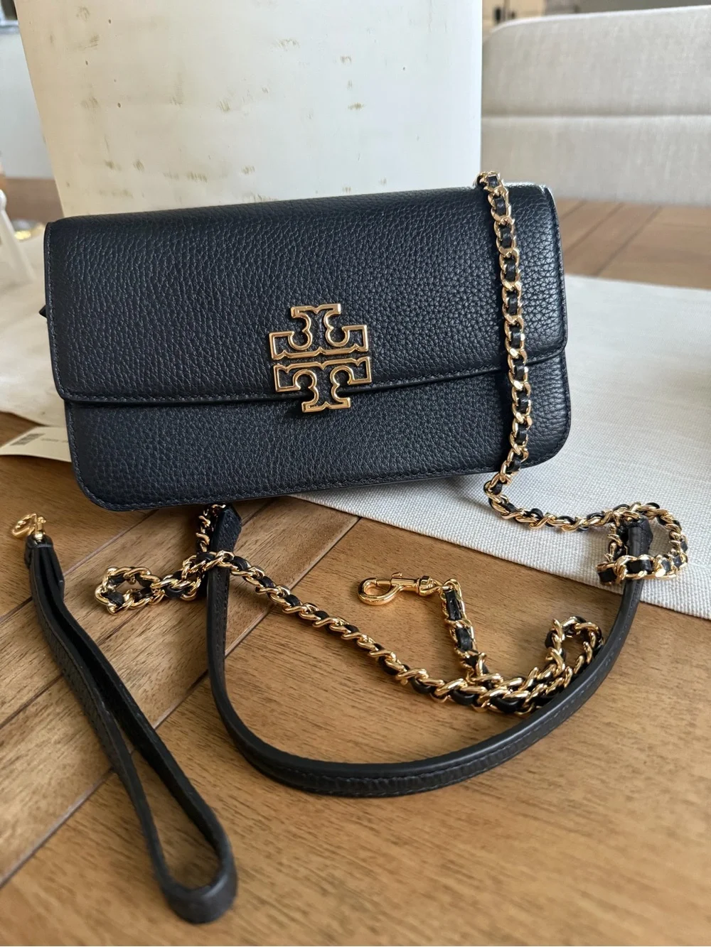 New black Tory Burch Britten Chain Wallet & Wristlet Leather Crossbody